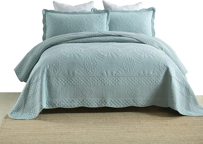 MarCielo 3-Piece 100% Cotton Oversized Bedspread Lightweight Quilt Coverlet Embroidery Farmhouse Bedding (Tf Aruba Blue, Oversized King (118"x106"))