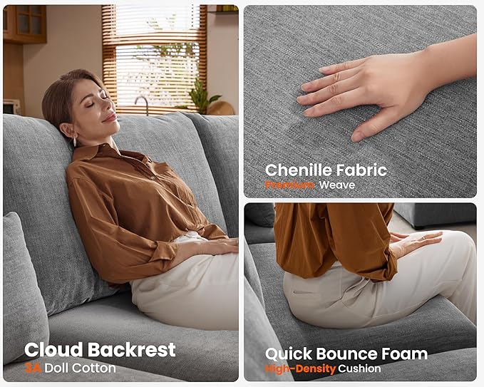 Oversized Modular Sofa, Extra Deep Cloud Chenille Sectional Couch with Ottoman Chaise, Fluffy Chenille Corner V Shape Sofa for Living Room, Villa (Corner V Shape+Ottoman, Chenille Grey)