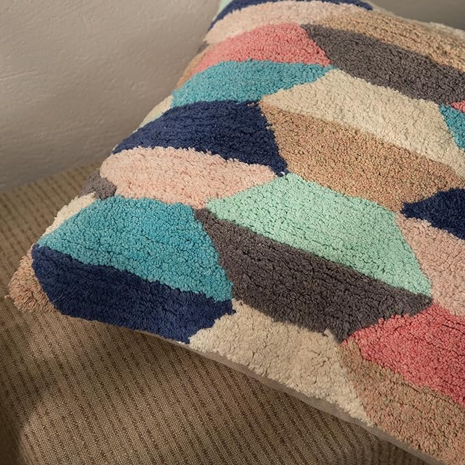 Tuffting Embroidery Decorative Throw Pillow Cover, 18 x 18 inches (Multi Geometrical)