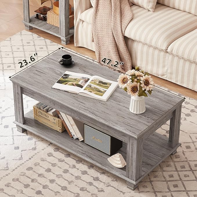 Farmhouse Coffee Tables for Living Room,Square Tea Table with Open Storage Shelf,Large Coffee Table,Rustic Wooden Center Table,Gray