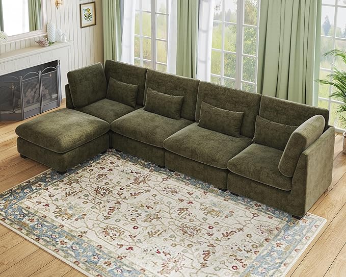 Oversized Modular Sofa, Extra Deep Cloud Chenille Sectional Couch with Ottoman Chaise, Fluffy Chenille 5 Seater Sofa Bed for Living Room, Villa (L Shape 5 Seater, Chenille Green)