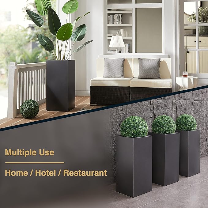 Metallic Heavy Tall Outdoor/Indoor Planter Box, Rectangular, 14Lx14Wx30H Inches, 25LBS/PC, Dark Gray, No Assembly Required and Seamless, Set of 2