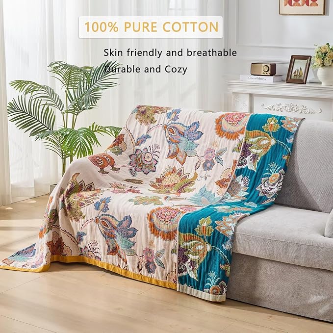 Summer Boho Throw Blanket for Bed, Multi Reversible Blanket Washable Breathable,Lightweight 4-Layer King Size Quilt for Bed,Floral Birds, 100% Cotton Muslin Large Travel Throw Blanket,90"x98"