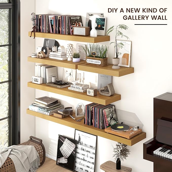 Floating Shelves for Wall, 2 Large Wall Mounted Shelves with Invisible Brackets, Long Wood Floating Wall Shelf Shelves for Living Room, Bedroom, Kitchen, (Oak, 36" W x 9" D x 1.5" H)