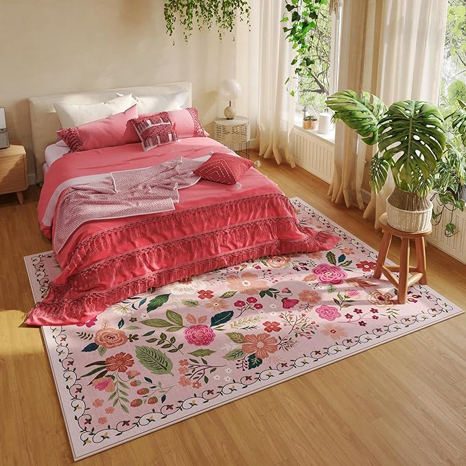Area Rugs 8x10 Rug for Living Room Clearance Washable Boho Area Rug Non Slip Floral Vintage Low Pile Large Rug for Living Room, Bedroom, Farmhouse, Dining Room, Kids Playroom(Pink)