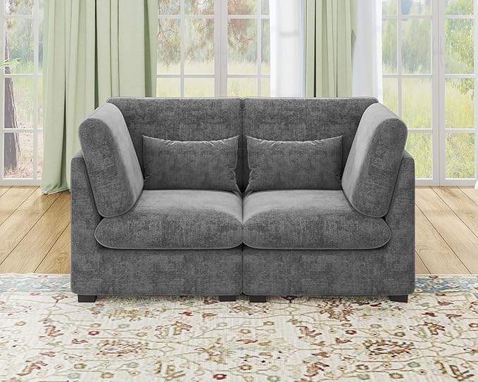 Oversized Modular Sofa, Extra Deep Cloud Chenille Sectional Couch with Ottoman Chaise, Fluffy Chenille 2 Seater Sofa Bed for Living Room, Villa (Loveseat Sofa, Chenille Grey)