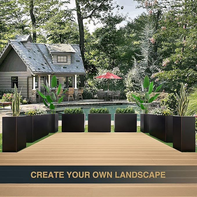Metallic Heavy Tall Outdoor/Indoor Planter Box 14Lx14Wx30H Inches Rectangular Large Flowerpot, Tall Metal Planter Box for Front Porch 25 Pounds, No Assembly Required, Black, 1 Pack