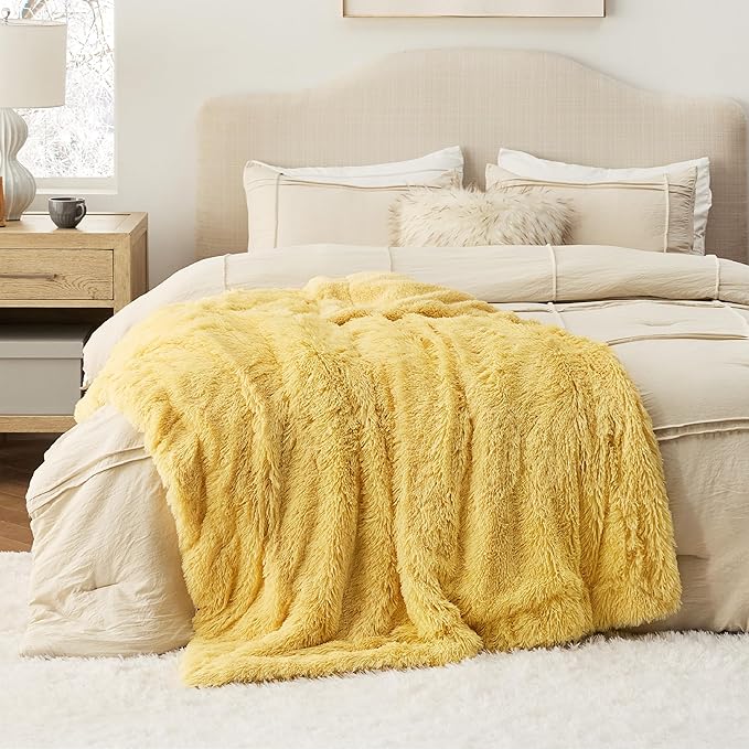 Bedsure GentleSoft Fuzzy Sherpa Faux Fur Twin Blanket Yellow Cozy Gifts for Women Men, Soft Fleece Plush Warm Thick Blanket Twin Size for Bed, Couch, Room Dorm Essentials Yellow Decor Gifts, 60x80