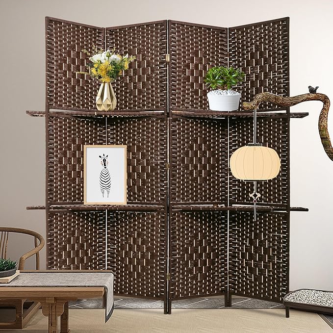 PayLessHere Room Divider 4 Panel Room Screen Divider Wooden Screen Folding Portable Partition Screen Wood with Removable Storage Shelves Color, Brown