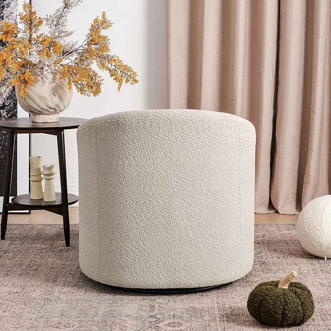 KINWELL 32" Wide Modern Boucle Swivel Barrel Chair, No Assembly Round Upholstered Swivel Accent Armchair for Living Room, Bedroom, Office (Oatmeal)