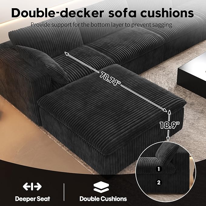 Oversized Modular Sectional Cloud Couch,157.5" U Shaped Modern Sofa with 2 Ottoman and 2 Middle Seats,Upholstered Couches with Corduroy Fabric for Living Room Furniture,No Assembly Required,Black