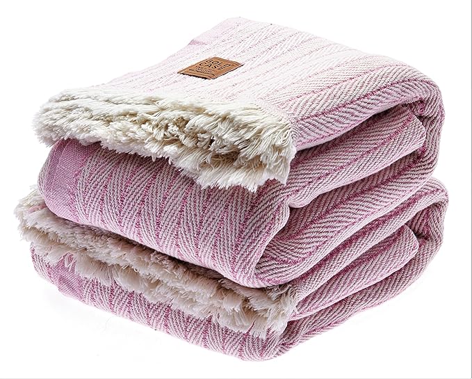Gold Case Throw Blanket for Couch – 100% Recycled Turkish Cotton Blankets & Throws – Elegant Decorative Throw Blankets for Living Room Sofa – Woven Throws for Couch – Vintage Pink – 50x60 (Set of 2)