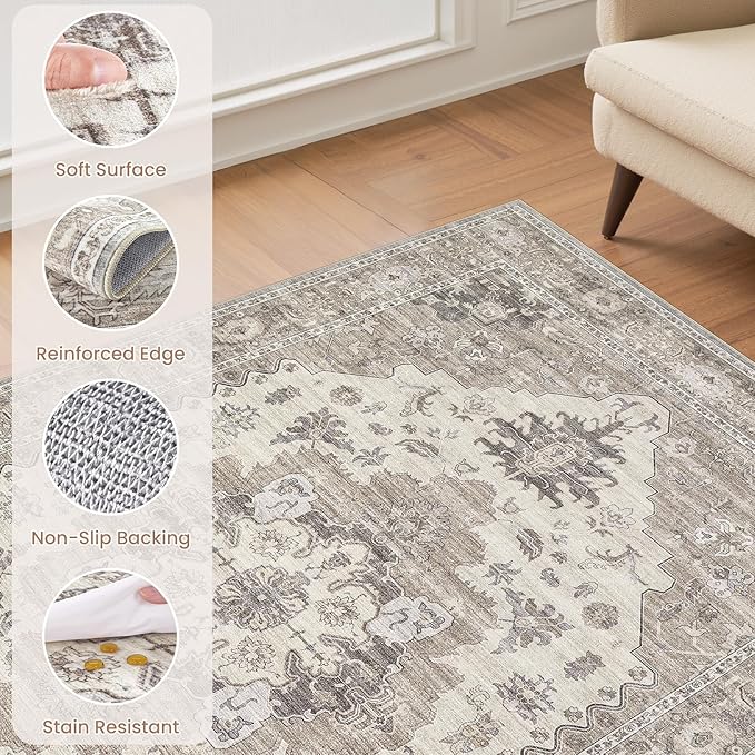 Washable Area Rugs for Living Room - 10x14 Neutral Vintage Distressed Floral Farmhouse Boho Large Soft Floor Rug Indoor Non Slip Carpet for Living Room Bedroom Dining Room Office-Brown/Beige