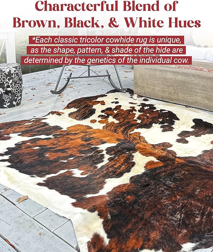 Tricolor Cowhide Rug Classic Brown, Black and White Color Mix, Natural Leather Hide, Area Rug (6x7ft)