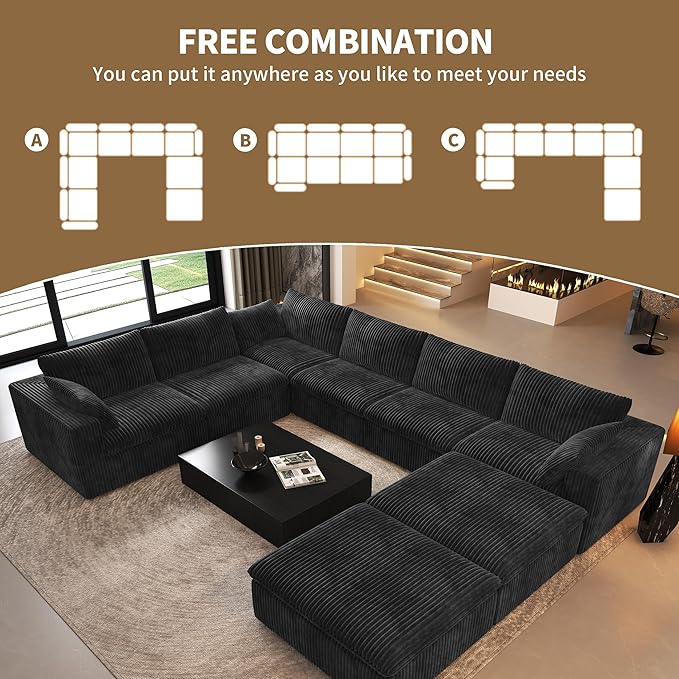Oversized Modular Sectional Cloud Couch,157.5" U Shaped Modern Sofa with 2 Ottoman and 2 Middle Seats,Upholstered Couches with Corduroy Fabric for Living Room Furniture,No Assembly Required,Black