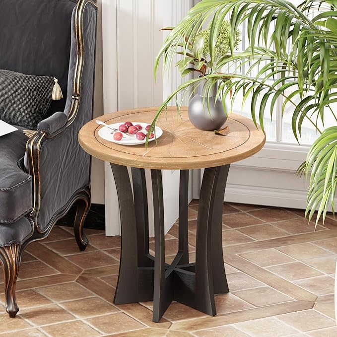 Farmhouse Round End Table with Criss-Cross Wood Legs, Rustic French Country Side Table for Dinning or Living Room, Modern, Black, Natural Wood, 23.62’’W*23.62’’D*23.22’’H