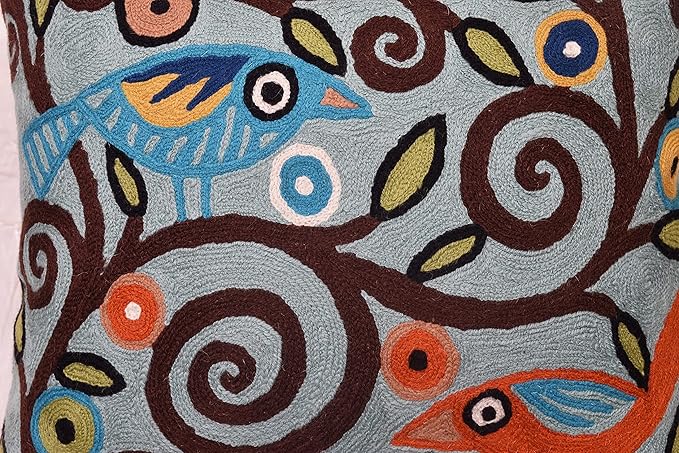 Tree of Life Birds Pillow Cover Teal Blue Floral Pillowcase Botanical Floral Outdoor Suzani Cushions Traditional Flower Cushion Hand Embroidered Cushions Wool Size - 18x18