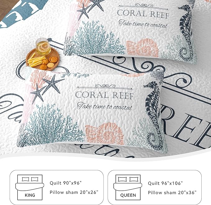 Coastal Bedding King Size 2 Shams, Nautical Beach Comforter Sets Ocean Bedspreads Coastal Coverlet Summer Bedding, 96''x106''