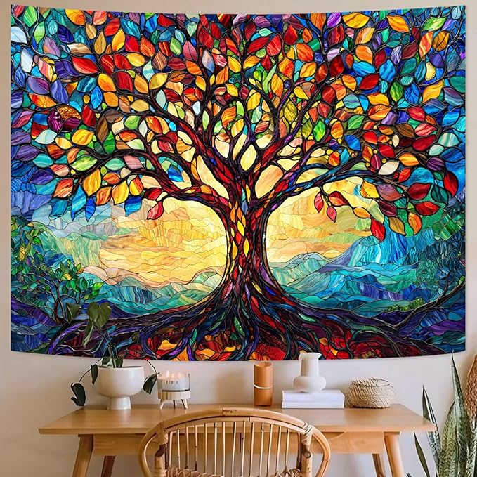 Lunerfex Tree of Life Tapestry Stained Glass Tapestry Wall Decor Tapestries for Bedroom Art Tapestries Wall Hanging for Bedroom Living Room Glass-Tree-01 60"x80"
