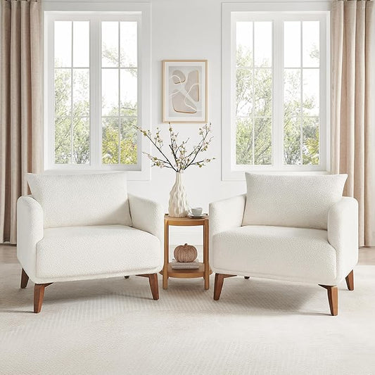Oversized Accent Chair Modern Boucle Armchair for Living Room Sets of 2, 37" Wide & Cozy Reading Chair with Solid Wood Legs, White Upholstered Lounge for Bedroom & Office, (Easy Assembly)