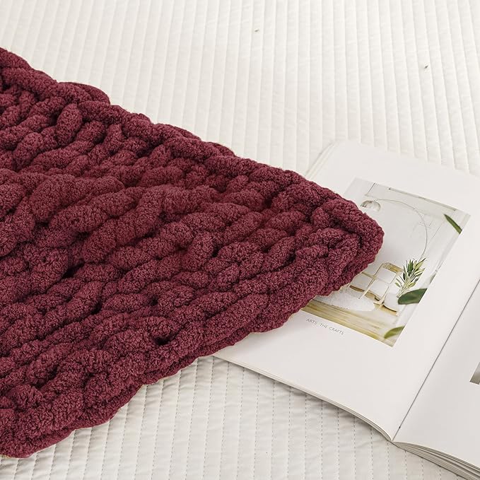 WESHIONGOO Chunky Knit Blanket Throw 40"×40" Knitted Throw Blankets for Couch Bed Fluffy Soft Blanket with Jumbo Chenille Yarn Thick 100% Handmade (Burgundy Red)