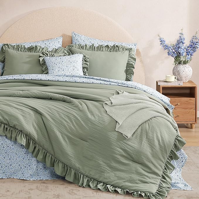 Queen Comforter Set - 7 Pieces Ruffle Sage Green Bedding Sets, Shabby Chic Farmhouse Bed in a Bag Queen with Ruffle Comforter, Floral Sheets, Pillowcases & Shams