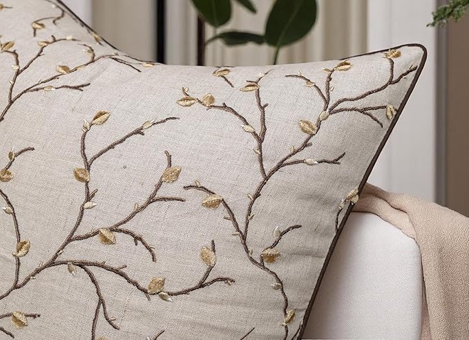 VAGMINE Embroidered Pussy Willow Throw Pillow Cover - 18x18 Inches Square - 100% Linen Natural Decorative Cushion Cover - Floral Embroidery - Cozy Farmhouse & Boho Accent for Sofa, Couch, Bedroom