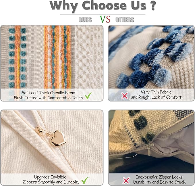 Boho Chenille Tufted Couch Throw Pillow Covers 18x18 Inch Set of 2 Farmhouse Striped Decorative Pillow Covers Accent Neutral Pillowcase Yellow Teal Cushion Cover for Living Room Sofa Bed