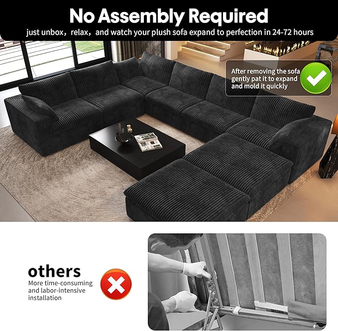 Oversized Modular Sectional Cloud Couch,157.5" U Shaped Modern Sofa with 2 Ottoman and 2 Middle Seats,Upholstered Couches with Corduroy Fabric for Living Room Furniture,No Assembly Required,Black