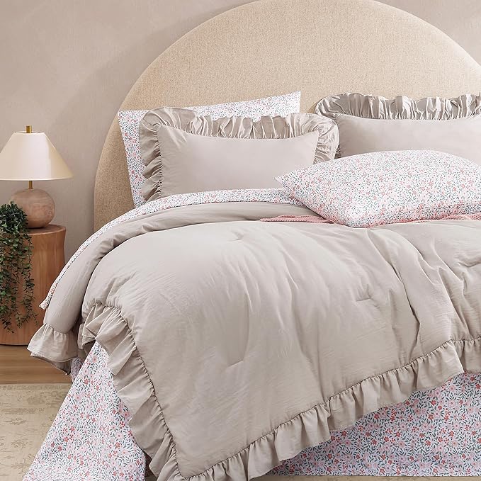 Full Comforter Set - 7 Pieces Ruffle Beige Bedding Sets, Shabby Chic Farmhouse Bed in a Bag Full with Ruffle Comforter, Floral Sheets, Pillowcases & Shams