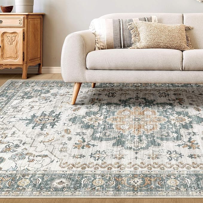 Washable Area Rugs for Living Room -9x12 Neutral Vintage Distressed Floral Farmhouse Boho Large Soft Floor Rug Indoor Non Slip Carpet for Living Room Bedroom Dining Room Office -Green/Grey