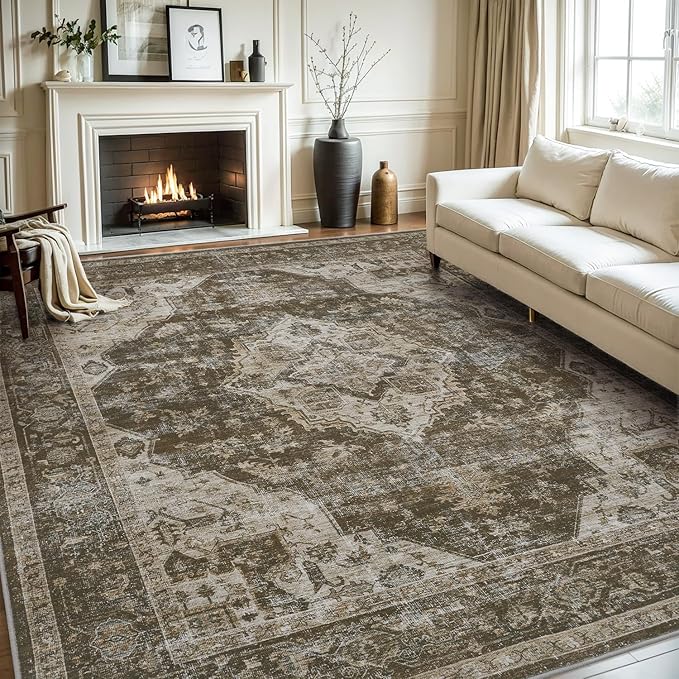 AMOAMI-Area Rug 5X7 Rugs for Living Room-Vintage Soft Coffee&Brown Rugs for Bedroom-Non Slip Carpet-Machine Washable Rug for Dining Room Living Room Bedroom Office Under Table