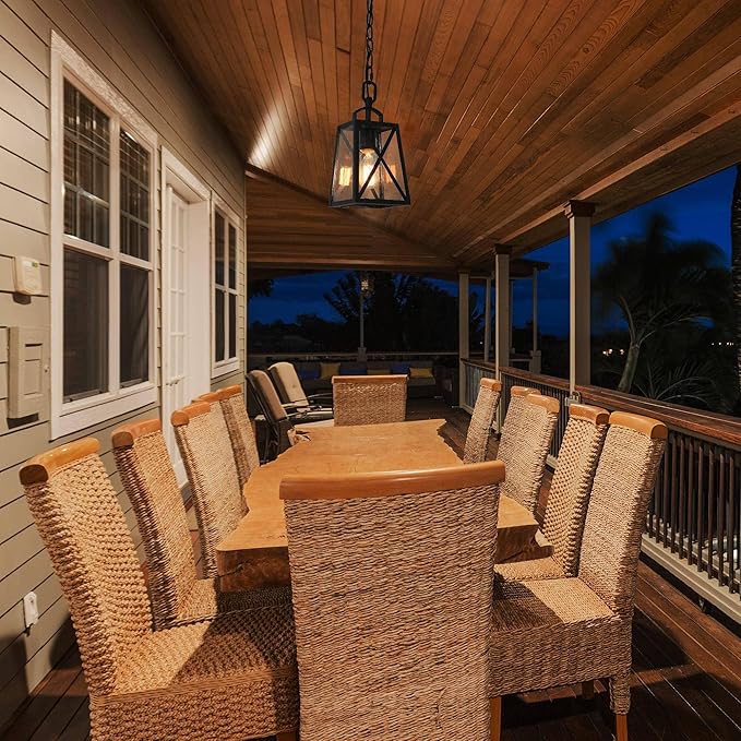 LOG BARN Outdoor Pendant Light Fixture, Farmhouse Exterior Lights, Anti-Rust Ceiling Outdoor Light with Seeded Glass, Lantern Hanging Light for Front Door, Entry, Porch, and Gazebo