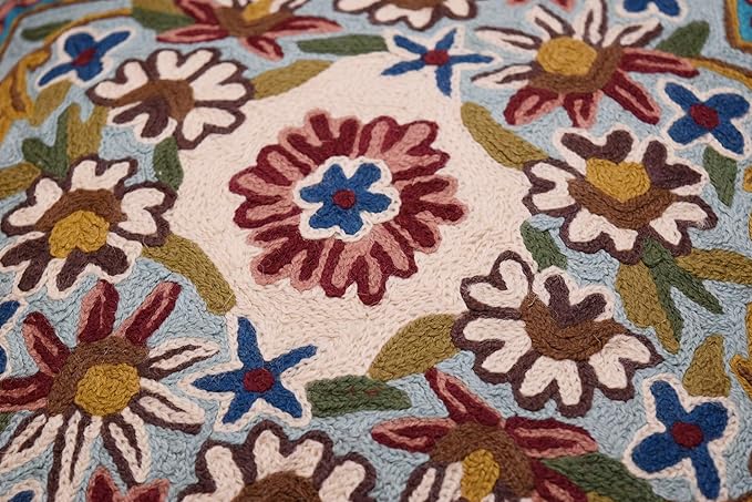 Turquoise Floral Pillow Cover Traditional Blue Flower Pillowcase Traditional Outdoor Cushion Suzani Flower Throw Florals Chair Farmhouse Hand Embroidered Cushions Wool 18x18 Inch