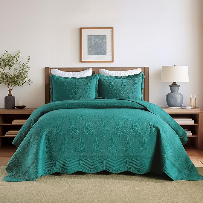 MarCielo 3-Piece Christmas Quilt 100% Cotton Oversized Bedspread Lightweight Coverlet Embroidery Christmas Tree Pattern Bedding Set(TC Emerald, Oversized Queen (100"x106"))