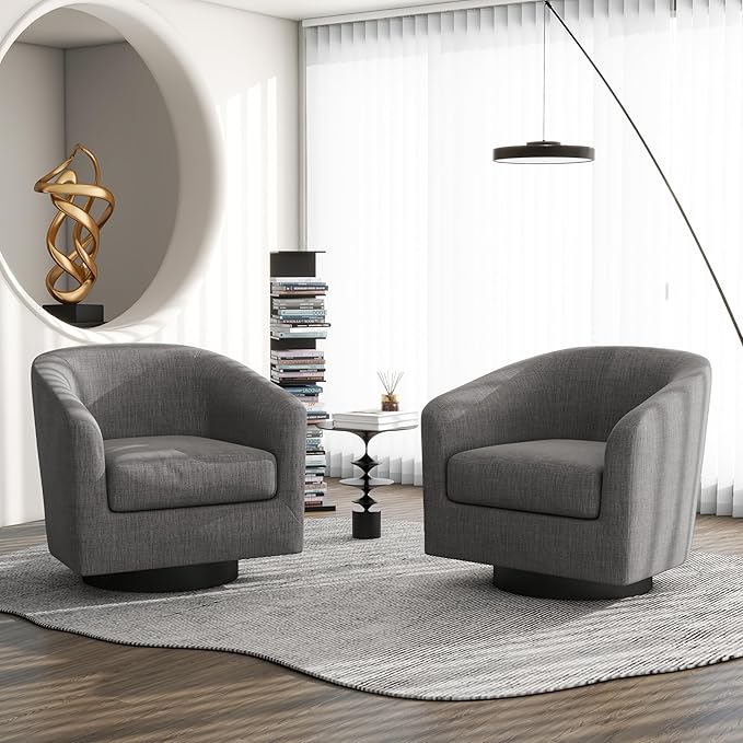 Swivel Barrel Accent Chair, Modern Round Linen Arm Chair for Living Room, Bedroom, Comfy Club Reading Chairs for Adults(Linen Fabric, Grey, Set of 1