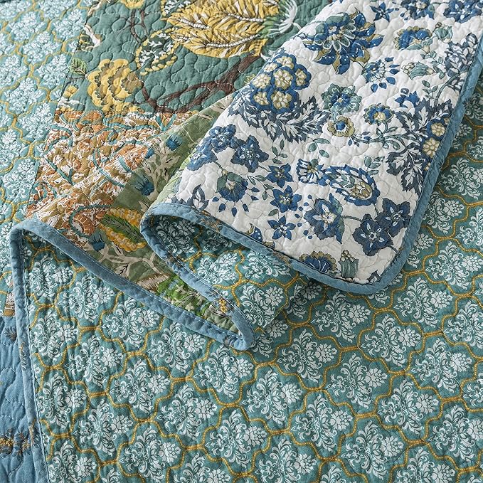 NEWLAKE Cotton Patchwork Bedspread, 3-Piece Bedding Quilt Set with Real Stitched Embroidery, Reversible Matelasse Bed Coverlet Set,Green Farmhouse Garden,King Size