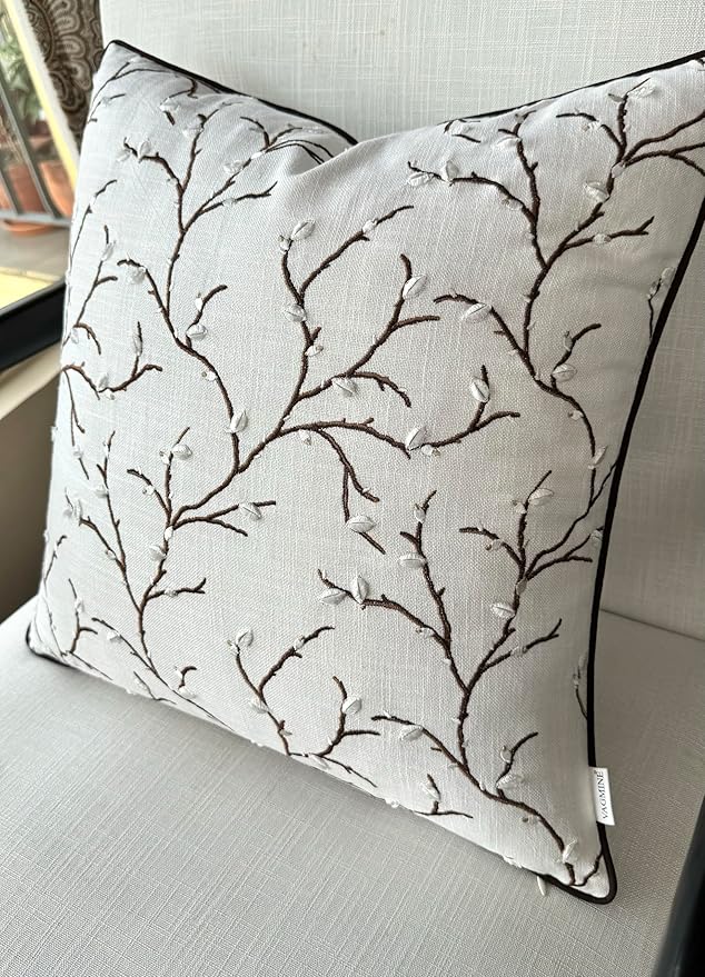 VAGMINE Embroidered Pussy Willow Throw Pillow Cover - 18x18 Inches Square - 100% Cotton Ivory Decorative Cushion Cover - Floral Embroidery - Soft Neutral Accent for Sofa, Bed, Couch, Farmhouse Décor