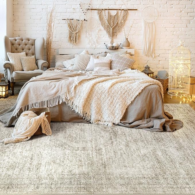 Washable Area Rugs for Living Room -5x7 Neutral Vintage Distressed Floral Farmhouse Boho Large Soft Floor Rug Indoor Non Slip Carpet for Living Room Bedroom Dining Room Office-Beige
