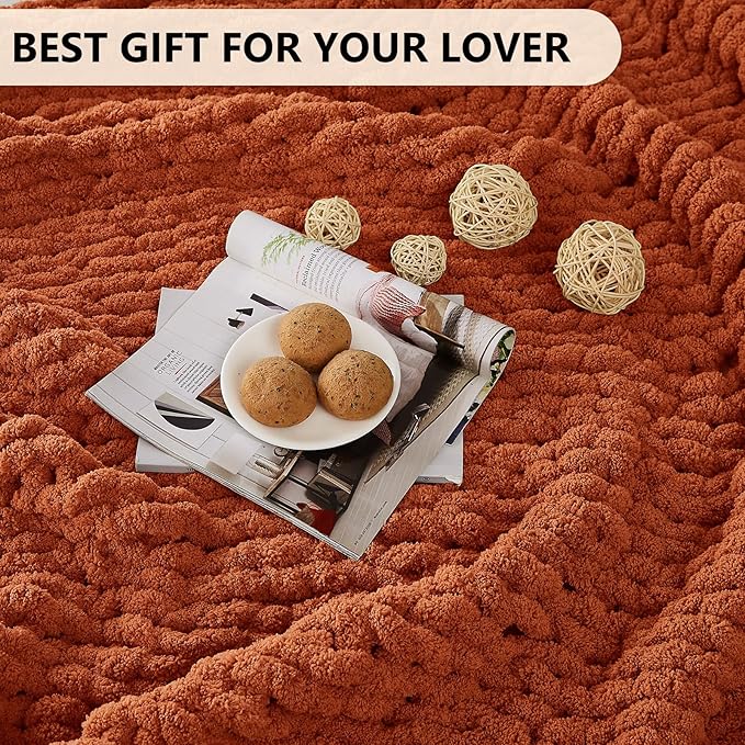 L'AGRATY Chunky Knit Blanket Throw: 72''x84'' Chenille Chunky Knitted Throw Blankets for Bed Couch - Handmade Thick Big Cable Knit Blanket - Large Crochet Rope Blankets for Home Decor(Rusty Orange)