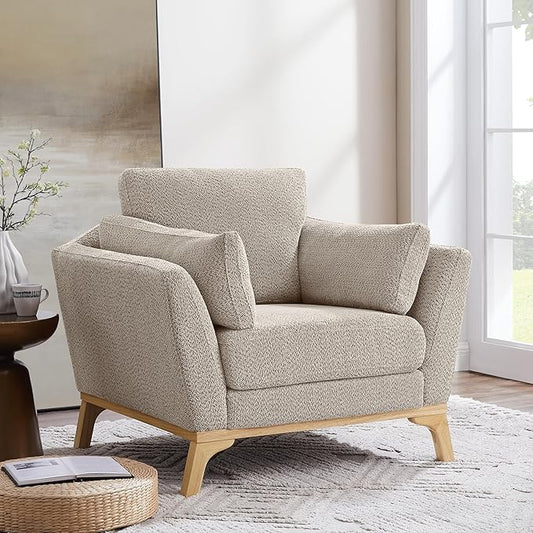 Large-Sized Accent Chair, Thick Cushion Bedroom Reading Chair, Comfortable Living Room Single Sofa, Boucle Camel