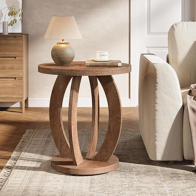 Tribesigns End Table, Round Side Table with Storage, Farmhouse Nightstand Bedside with Round Tabletop, Accent End Table for Living Room Bedroom Small Space, Wooden Accent Furniture (2, Brown)