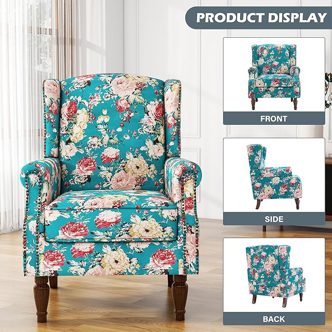 UIXE High Back Floral Accent Chairs Set of 2, Upholstered Armchair in Fabric, Retro Printed Wingback Arm Chair for Living Room, Nailhead Trim Single Sofa Bedroom Reading Seat - Peacock Blue