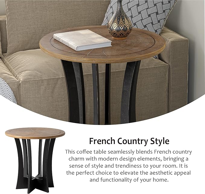 Farmhouse Round End Table X 2P with Criss-Cross Wood Legs, Rustic French Country Side Table for Dinning or Living Room, Modern, Black, Natural Wood, 23.62’’W*23.62’’D*23.22’’H