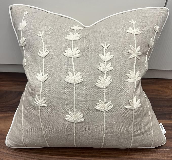 VAGMINE Hand Embroidered Daisy Accent Throw Pillow Cover - 18x18 Inches Square - 100% Linen Natural Decorative Cushion Cover for Couch, Sofa, Bed - Textured Embroidery - Boho Floral Home Décor