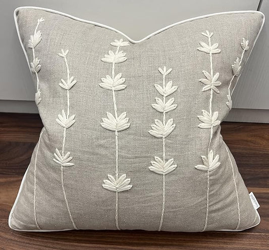 VAGMINE Hand Embroidered Daisy Accent Throw Pillow Cover - 18x18 Inches Square - 100% Linen Natural Decorative Cushion Cover for Couch, Sofa, Bed - Textured Embroidery - Boho Floral Home Décor
