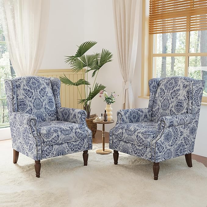 Lumibee High Back Accent Chair Set of 2, Armchair in Fabric,Comfy Upholstered Wingback Single Sofa Reading Chairs with Solid Wood Legs for Living Room,Bedroom,Office-Navy