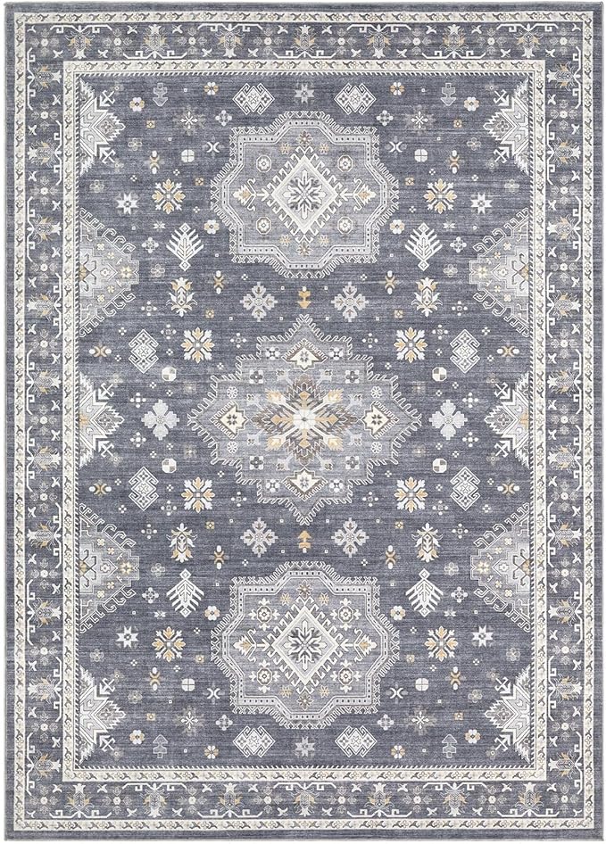 Washable Area Rugs for Living Room -9x12 Neutral Vintage Distressed Floral Farmhouse Boho Large Soft Floor Rug Indoor Non Slip Carpet for Living Room Bedroom Dining Room Office - Denim Blue/Grey