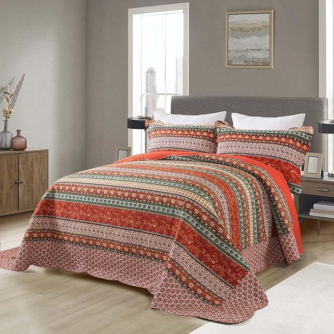 NEWLAKE Cotton Bedspread Quilt Sets - Reversible Patchwork Coverlet Set, Red Striped Jacquard Pattern, California King Size