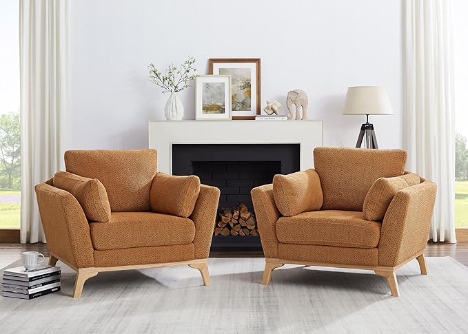 Large-Sized Accent Chair, Thick Cushion Bedroom Reading Chair, Comfortable Living Room Single Sofa, Boucle Curry